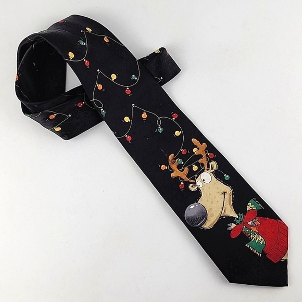 Jingle Bells Men’s Novelty Fun Christmas Reindeer Lights Tie Black  100% Silk